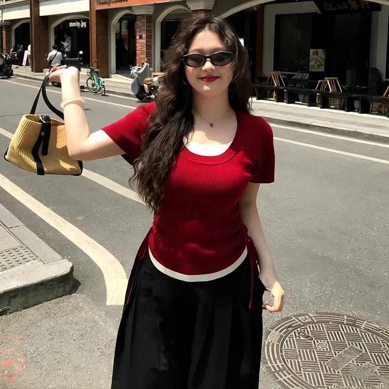 大码女装假两件撞色抽褶短袖t恤夏季新款胖mm掐腰修身巨显瘦上衣