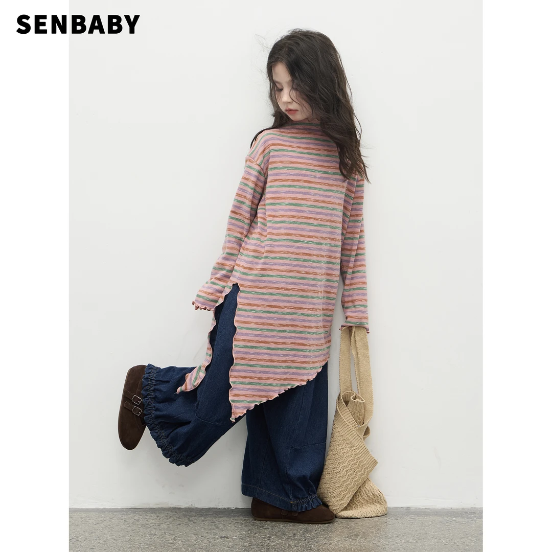 【亲子】senbaby女童条纹不规则休闲裙秋装长袖木耳边半高领开衩T裙