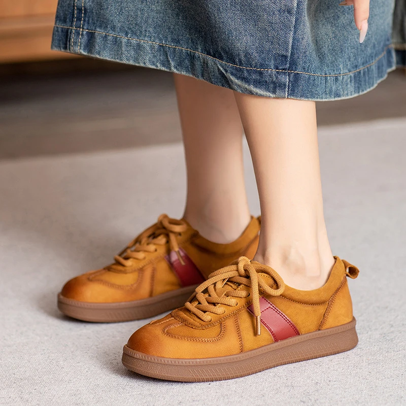 头层牛皮德训鞋女真皮复古板鞋2025春季新款牛筋软底运动休闲女鞋
