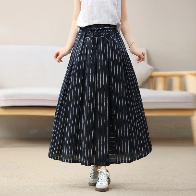 春夏新款汉麻条纹松紧腰抽绳不对称中长款半身裙2253