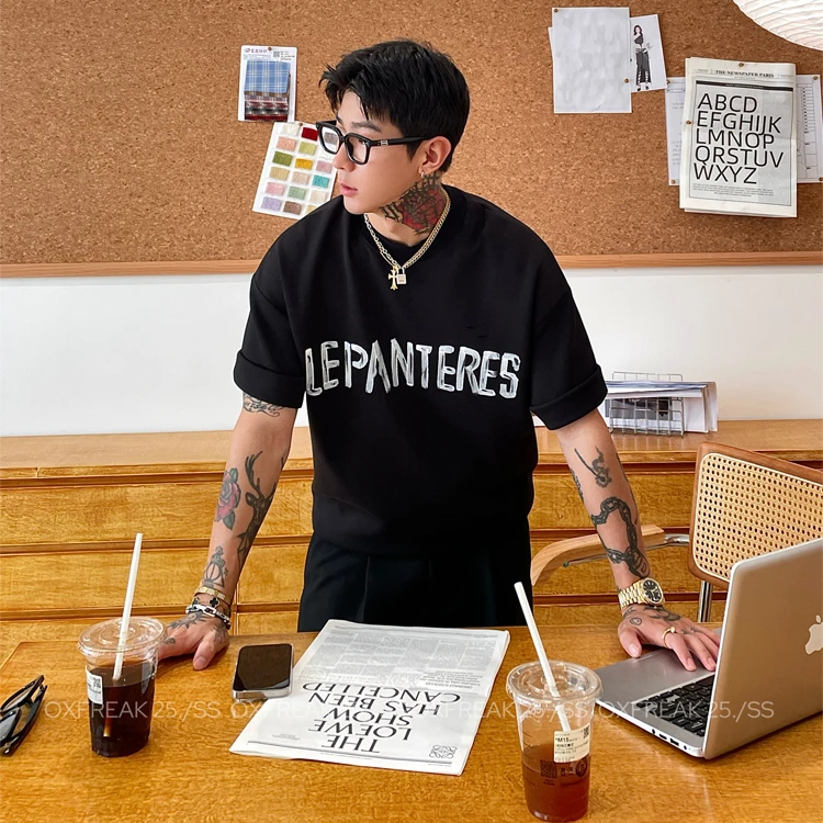 OXFREAK「手绘字母印花」320g重磅美式短袖t恤男圆领宽松情侣半袖