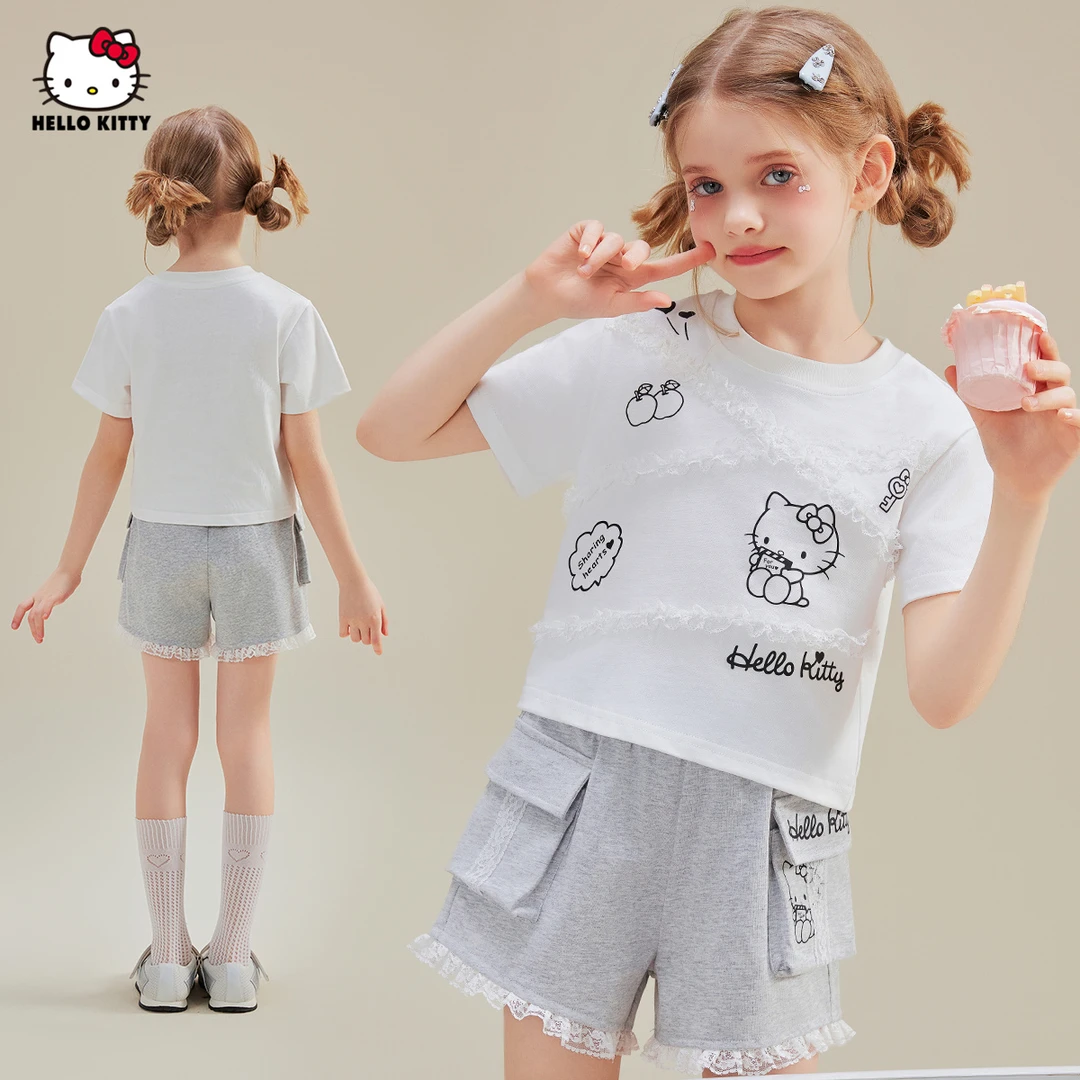 女童夏季蕾丝拼接甜美短袖短裤套装2025新款夏日中大童两件套