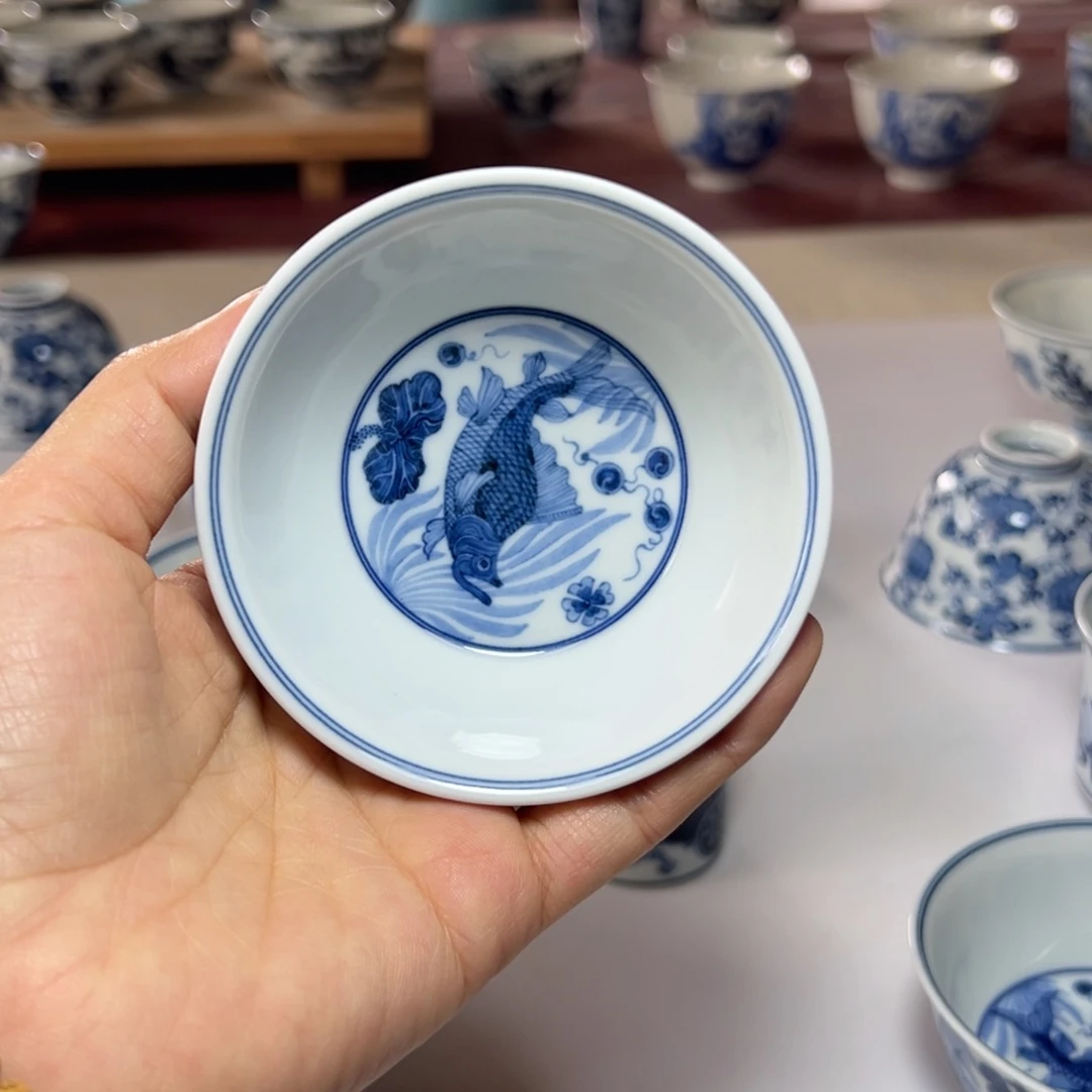 黑*?凭阑亭鱼藻鸡缸杯手绘