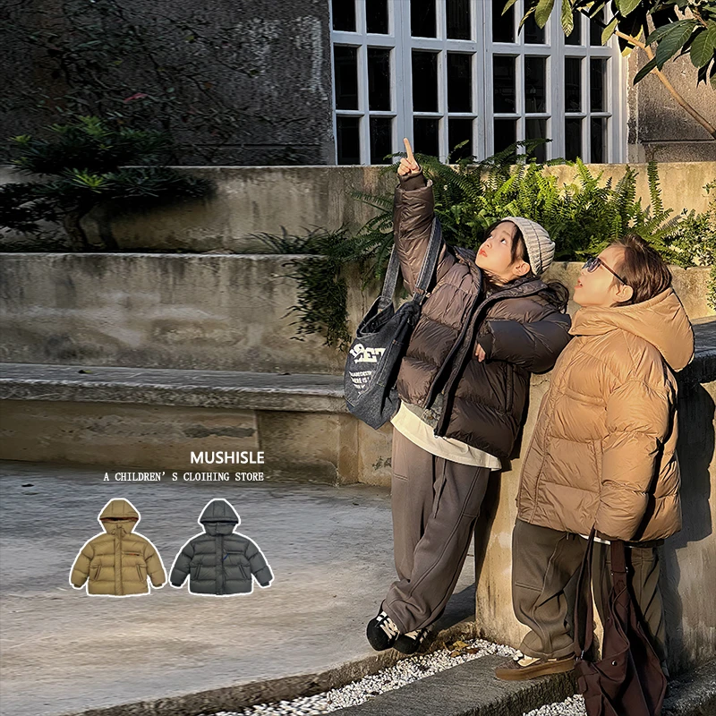 阿又男童冬季纯色连帽羽绒服挂绳儿童复古保暖83283D