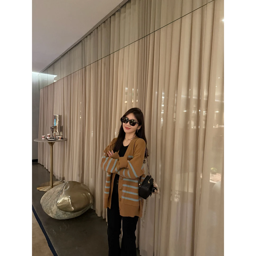 syna枫糖拿铁 法式羊绒条纹拼接长袖外套