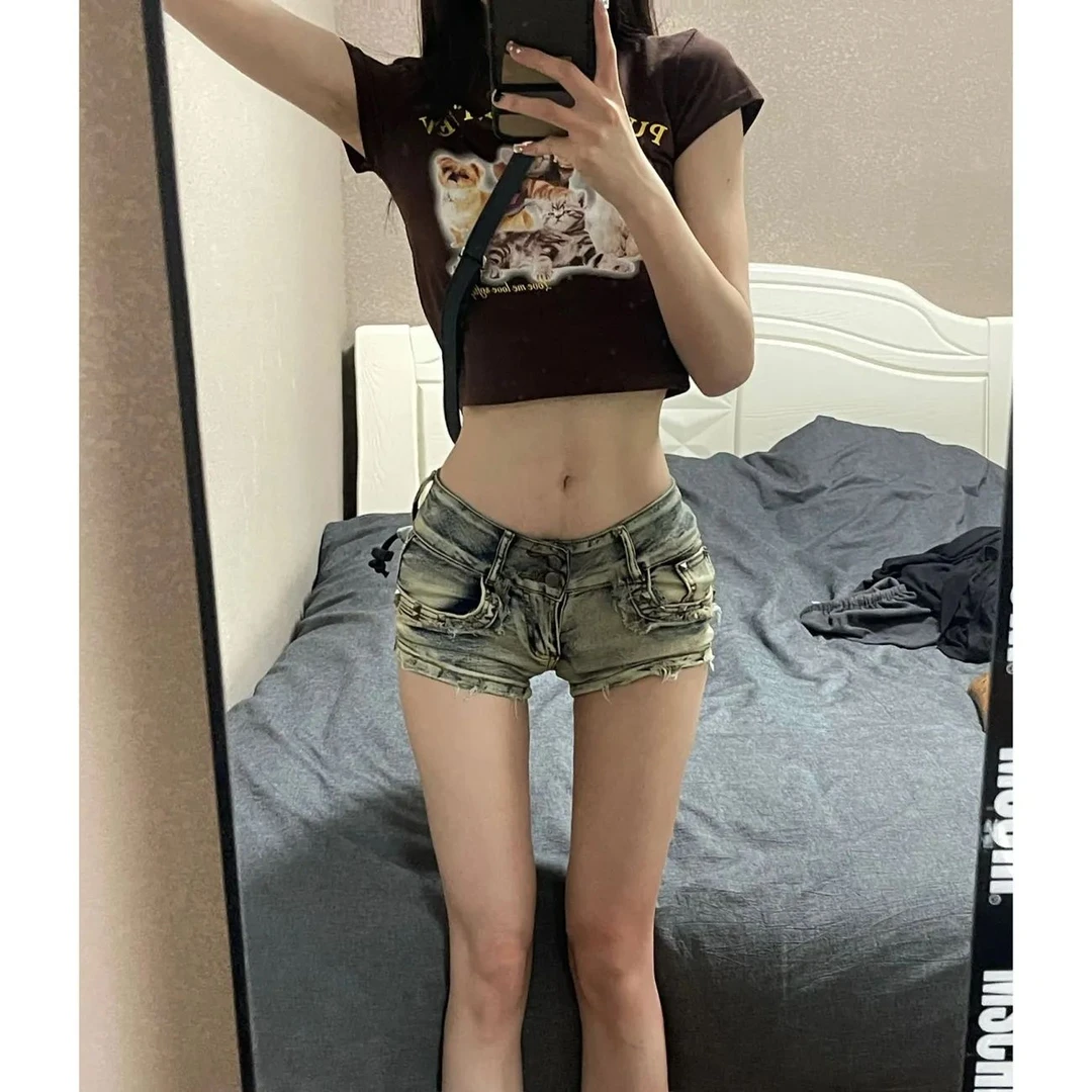 美式辣妹柳丁低腰牛仔超短裤女春夏新款修身显瘦包臀阔腿热裤子潮