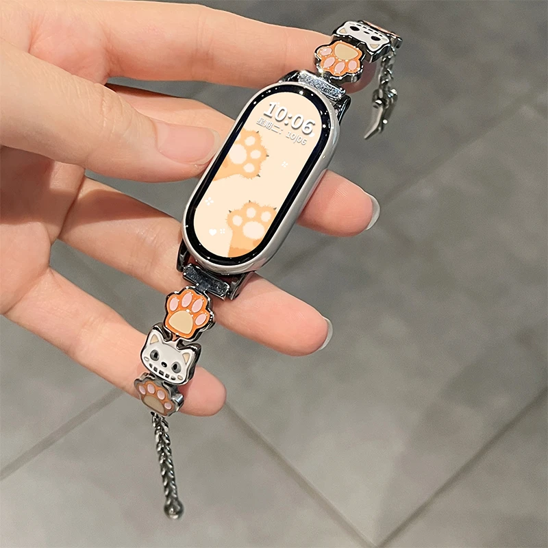 猫爪弯片适用小米手环10/9表带8/7/6/5通用NFC金属腕带高级感女生