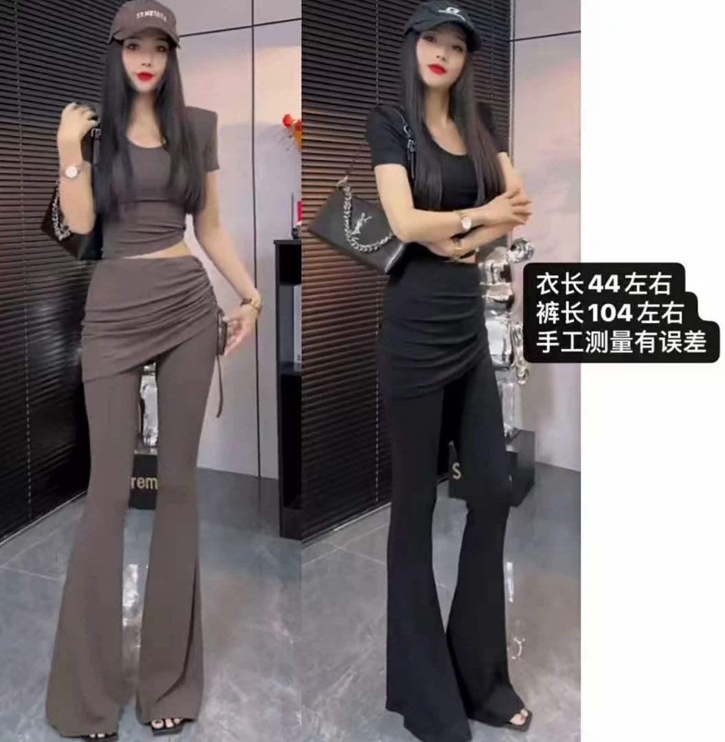 【T502】韩版气质高级感一整套女夏季新款纯欲风短袖上衣屁帘喇叭裤