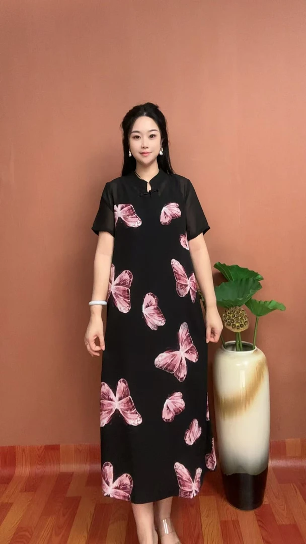 3(蝴蝶花）夏季简约立领时尚显瘦气质女装宽松中长款连衣裙