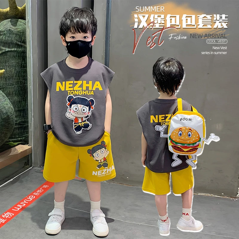 哪吒儿童夏装背心套装2025新款小男童装薄款夏日无袖男孩宝宝衣服