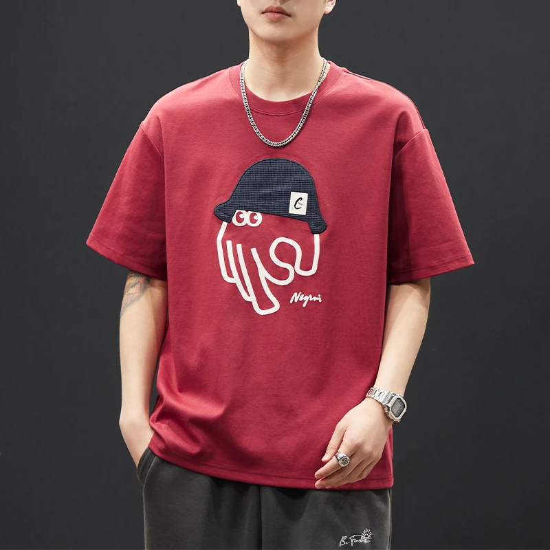 索罗娜凉感t恤男胖子高端刺绣夏季趣味印花体恤衫红色短袖上衣服