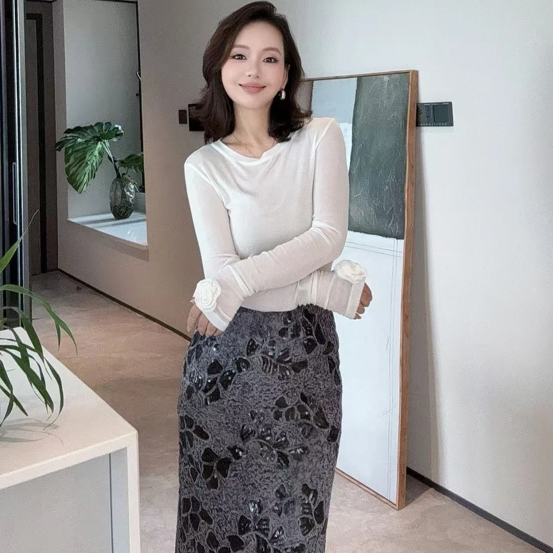 原创设计重工亮片半裙植绒25年秋冬新款南油气质女装
