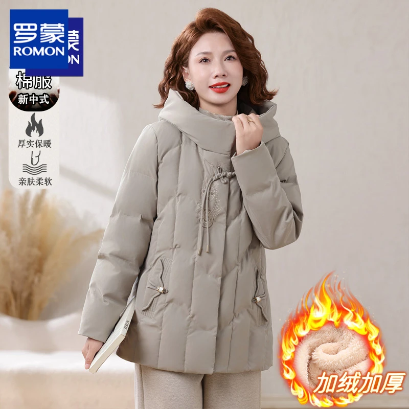 罗蒙妈妈冬装加绒轻薄棉服外套女新款中老年女装秋冬时尚绣花棉袄