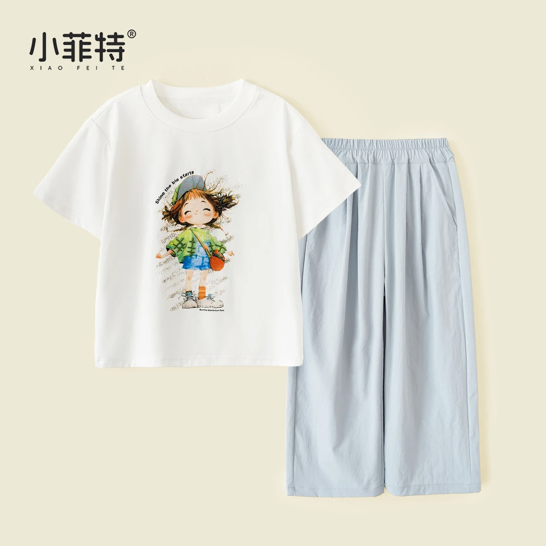 小菲特夏季新款女童休闲套装薄款女宝短袖阔腿裤两件套HNTX51775