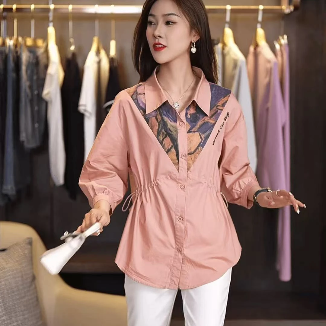 Z8178高贵衬衣女士高端时尚洋气百搭宽松拼接撞色七分袖衬衫