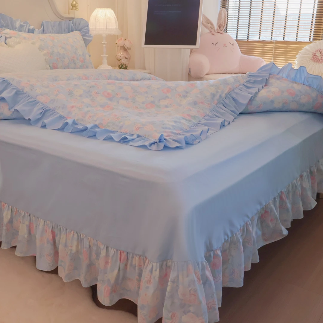 水星.家纺适用全棉纯棉A类法式公主风荷叶边床上四件套