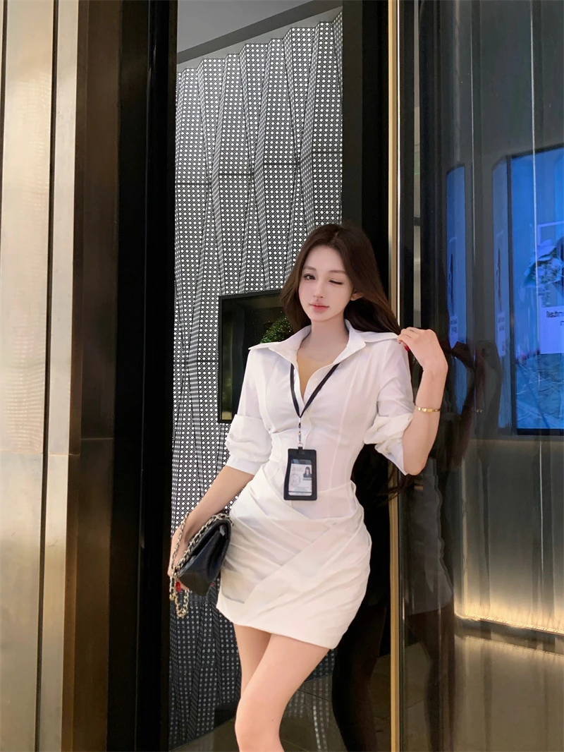辣妹性感修身拼接衬衫连衣裙韩系小众气质收腰显瘦翻领收腰短裙女
