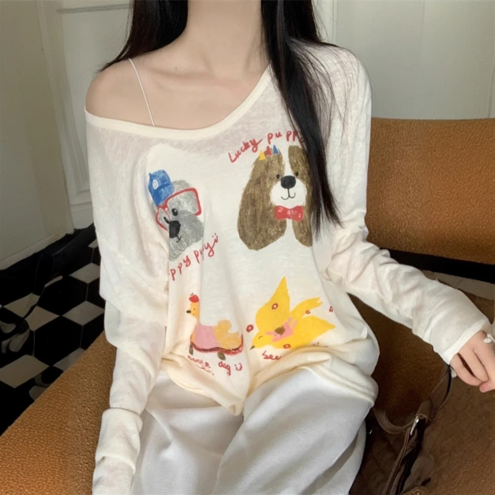 韩系百搭宽松设计感可爱卡通圆领长袖T恤女上衣薄款显瘦防晒罩衫