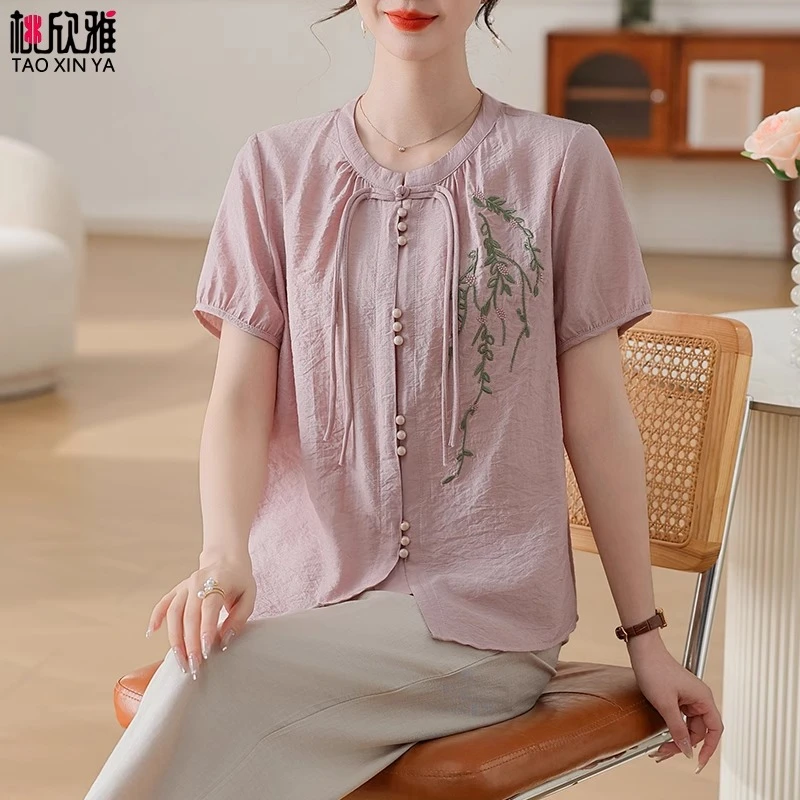 新中式妈妈夏装雪纺衬衫洋气阔太太中老年女夏季短袖套装高端上衣