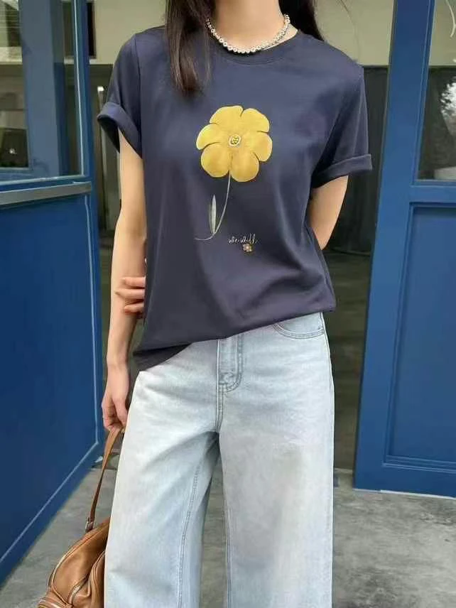 休闲风抗皱常规公主风短袖T恤春夏套装百搭印花半袖牛仔简约