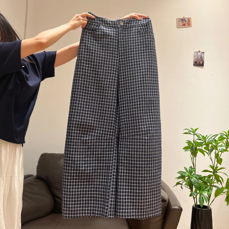 藏蓝格纹设计感百搭休闲裤女2025年夏日新款小个子高腰显瘦直筒裤