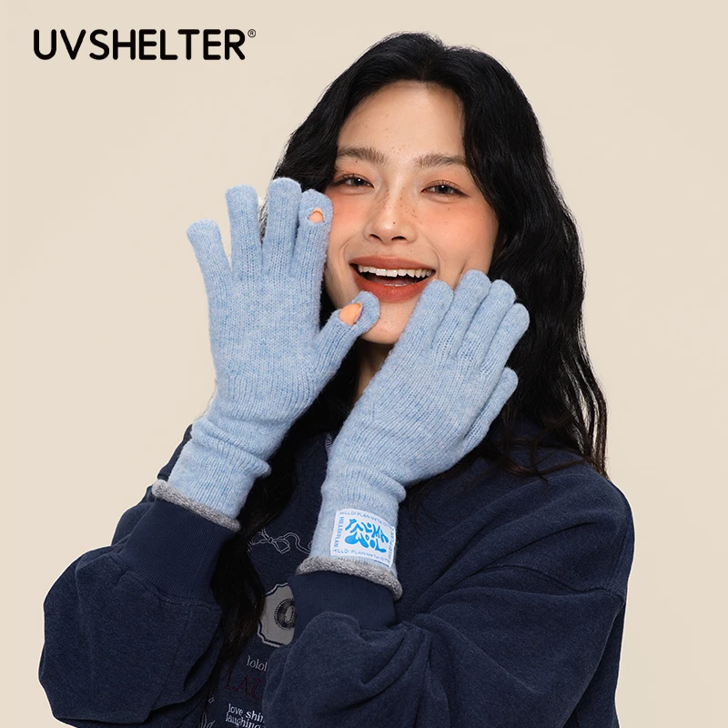 韩系含羊毛针织手套女秋冬季加厚长款可触屏分指手套骑行保暖护手