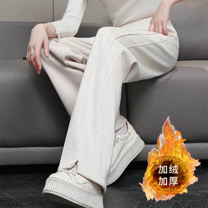 （现货清仓）人字纹毛呢开叉香蕉阔腿裤女秋冬季大码加绒宽松长裤女