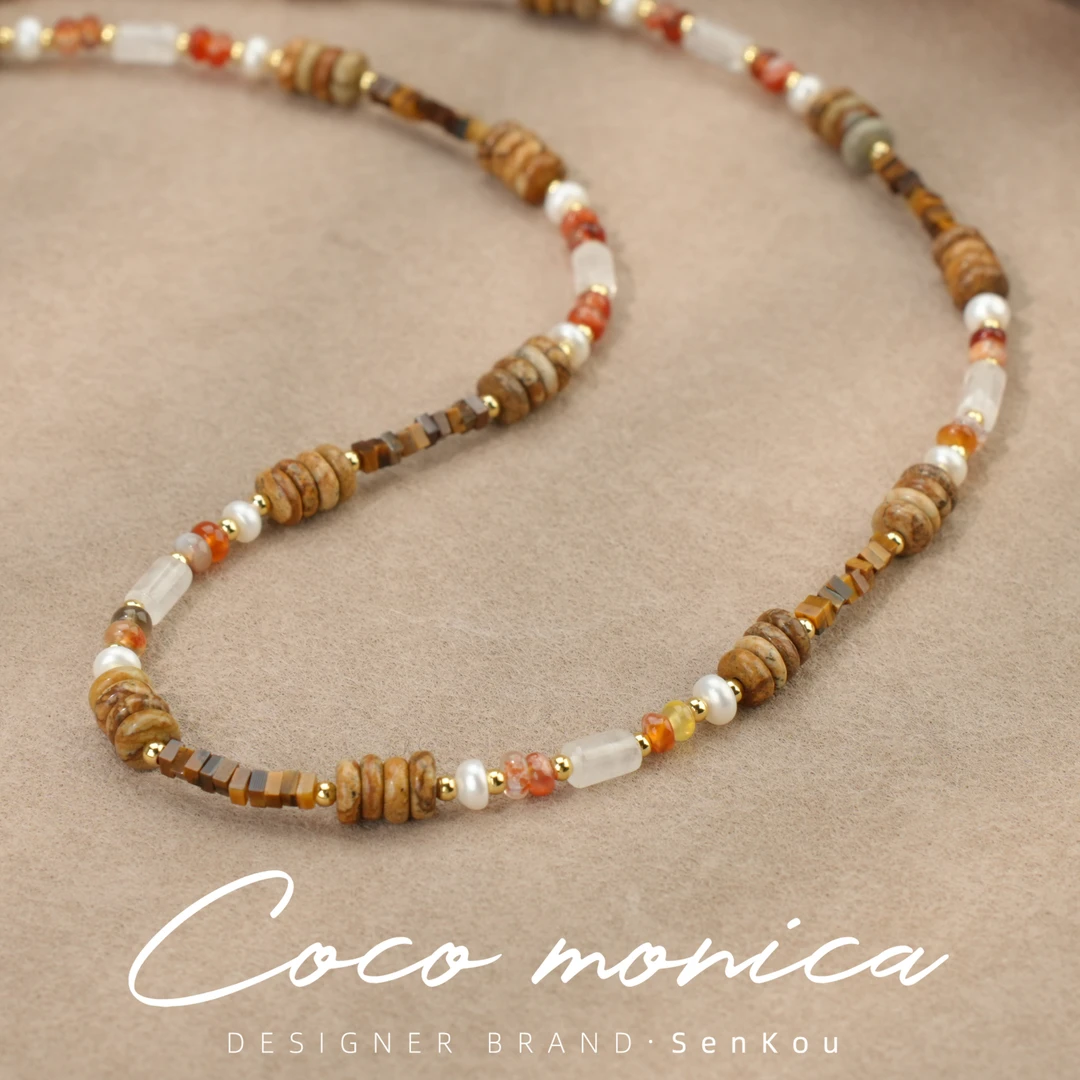 【小霞珠宝】 珍珠项链图画石手工百搭小众简约彩色月牙湾拼接AS402