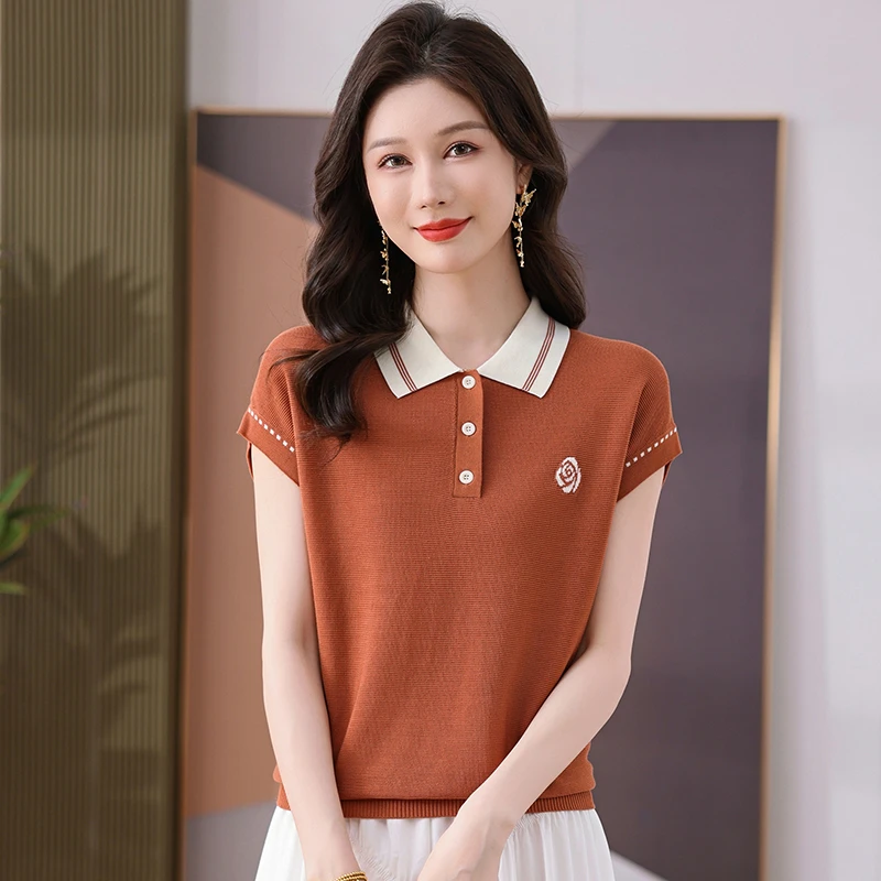 【莱赛尔】夏季新款翻领短袖女气质上衣薄款宽松套头显瘦减龄