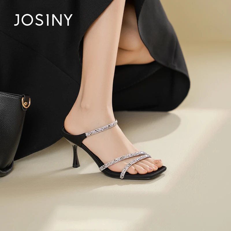 卓诗尼水钻粗跟凉鞋2025年夏季凉拖鞋露趾细高跟鞋气质女鞋单鞋