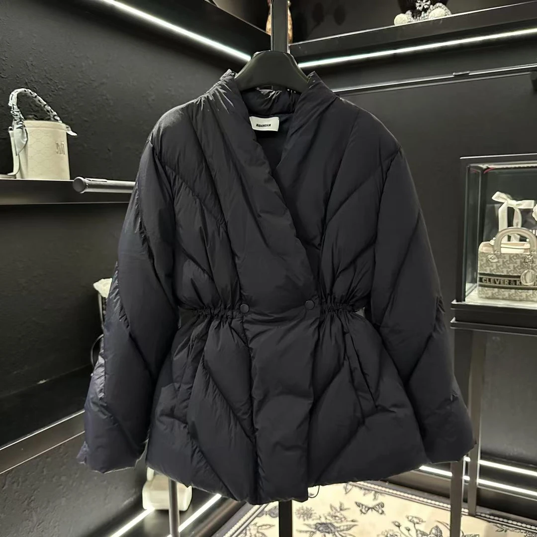 2024冬季新款韩系羽绒服女设计感简约时尚白鸭绒中长款收腰外套