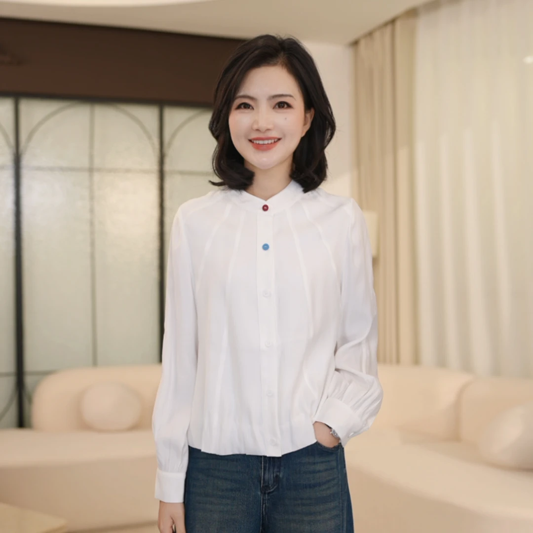 枫竺阿楠anan气质立领彩色扣捏褶结构衬衫女秋季通勤百搭出游上衣