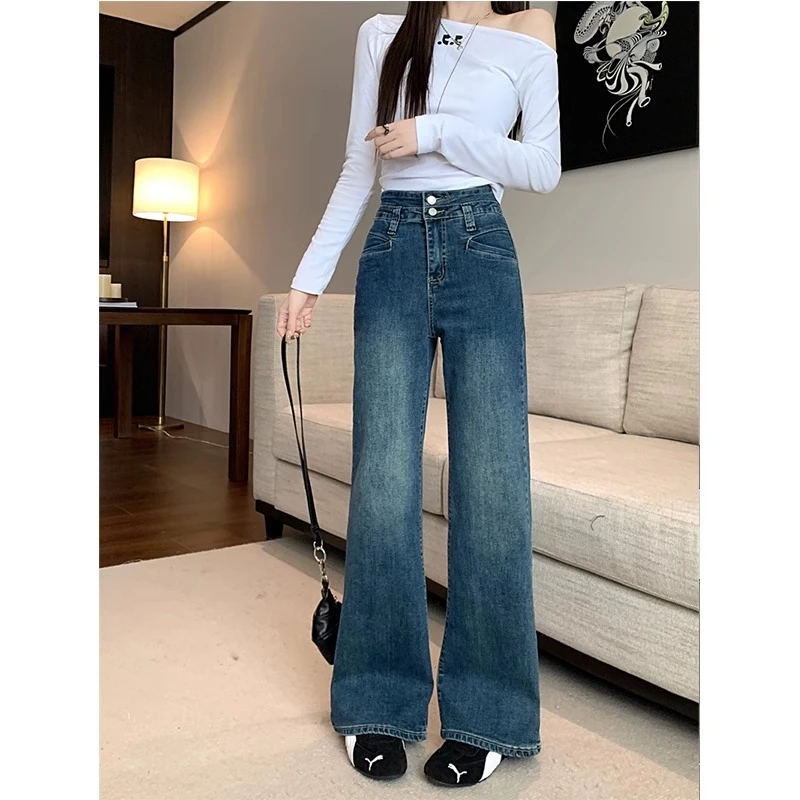 高腰微喇牛仔裤春季新款大码胖妹妹遮胯显瘦不贴腿喇叭裤KX33176