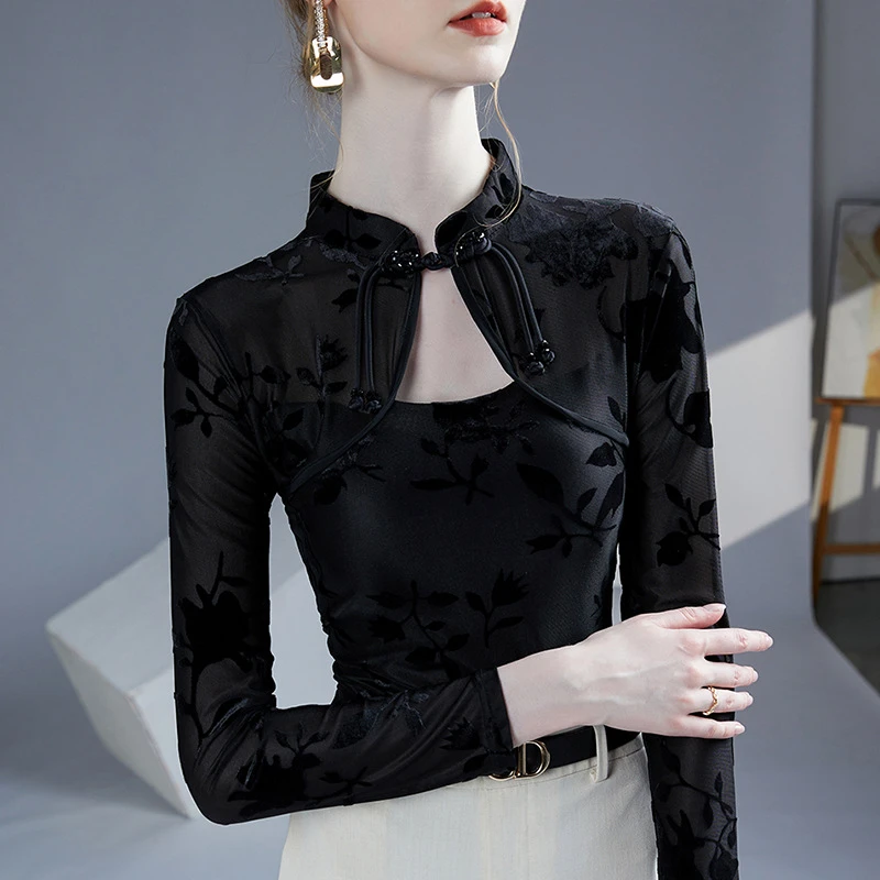 YLY#中国风旗袍领T恤上衣女秋冬新款镂空修身内搭打底衫DY-DF283