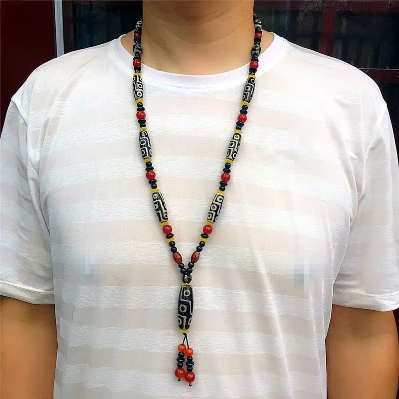 古风长款毛衣链藏式复古玛瑙天珠项链男玉石天眼珠项坠带证书保真