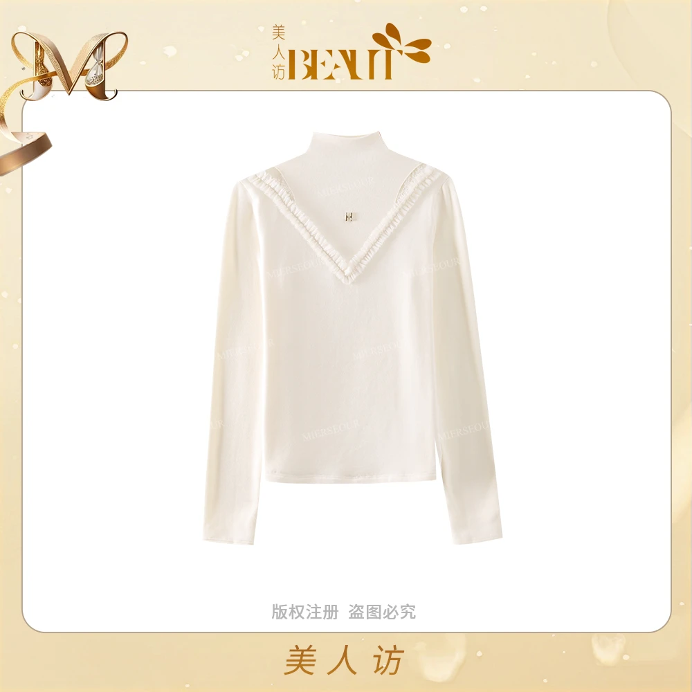 美人访【柔情绵雨】半高领花边拼接小性感长袖打底上衣10600