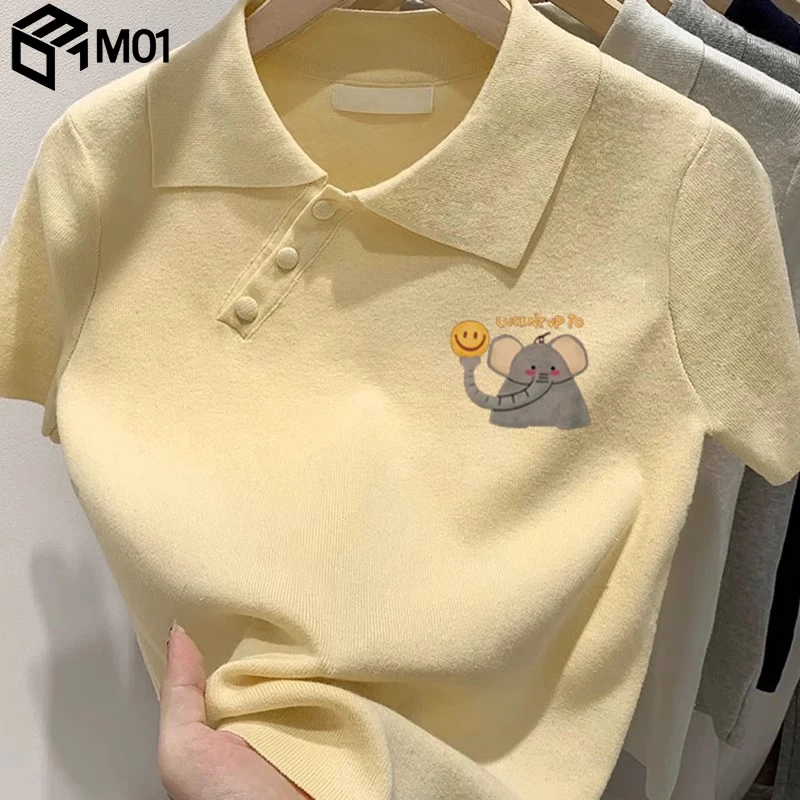 M01韩系洋气减龄Polo领小象T恤女2025夏季新款小个子百搭短袖上衣