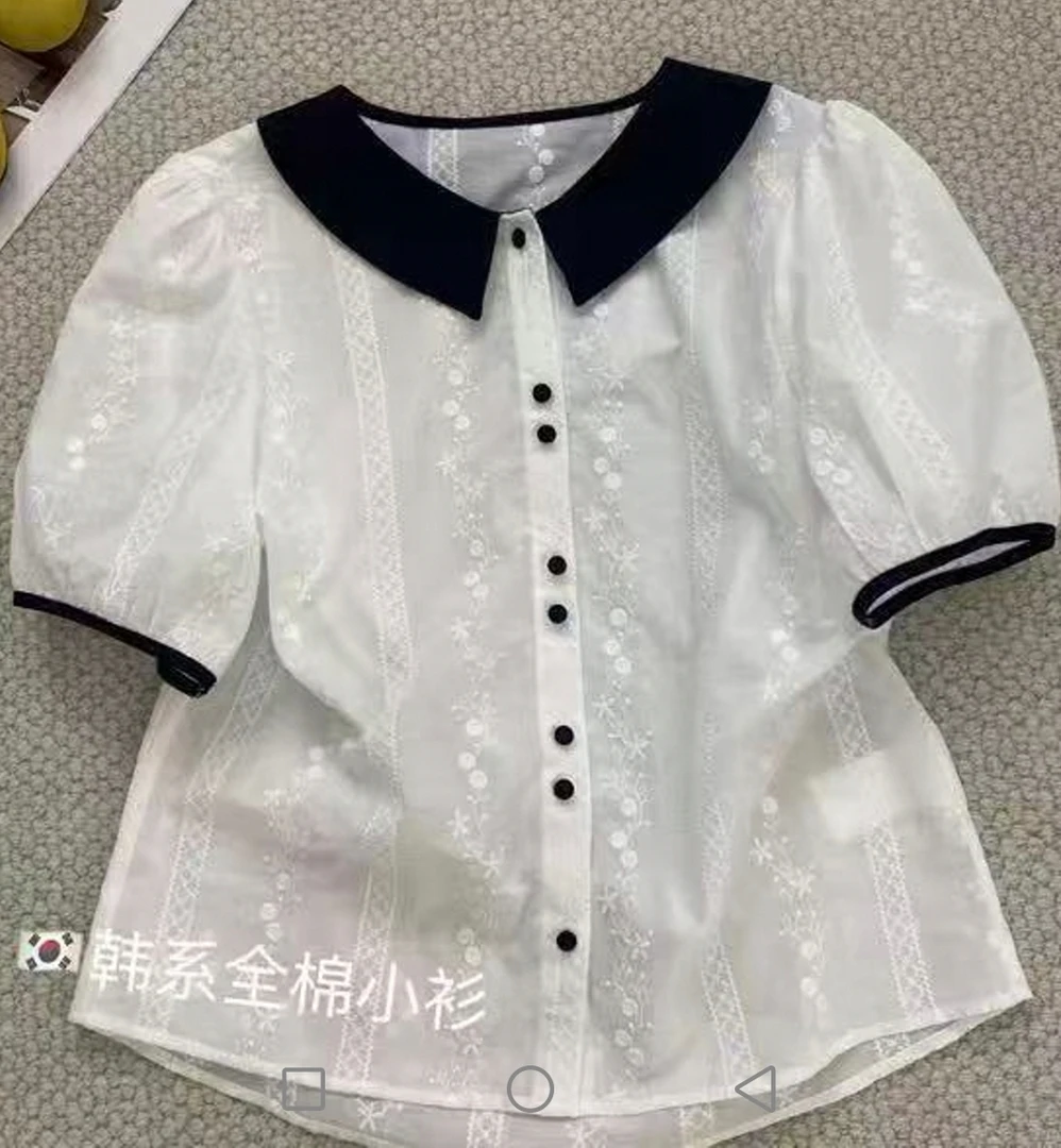 通勤单排多扣百搭衬衫休闲娃娃领衬衣女装撞色上衣法式短袖