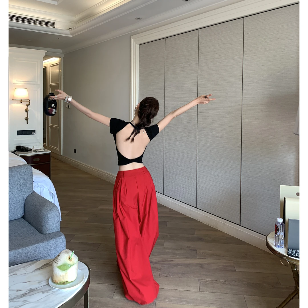 【爱如火】红色阔腿裤慵懒拖地长裤4359