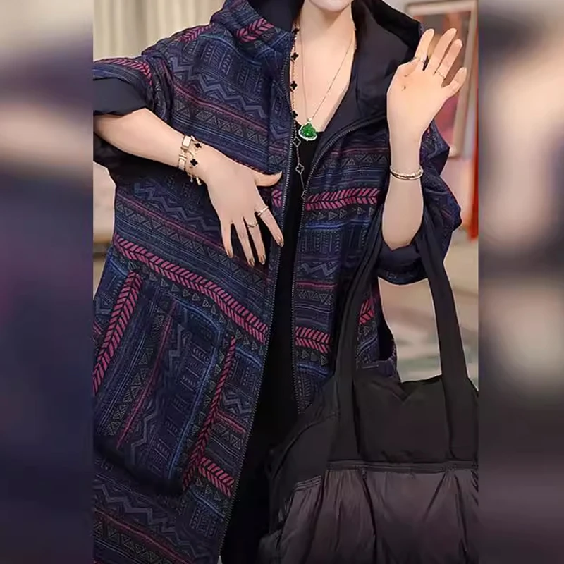 外衣女2025秋冬季新款宽松大码中长款格纹连帽绗缝加厚服外套