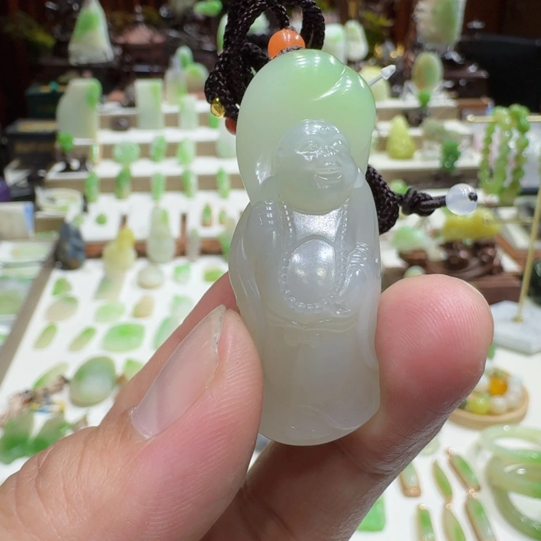 和田玉未镶嵌颈饰和田玉青海翠青三色弥勒佛挂件