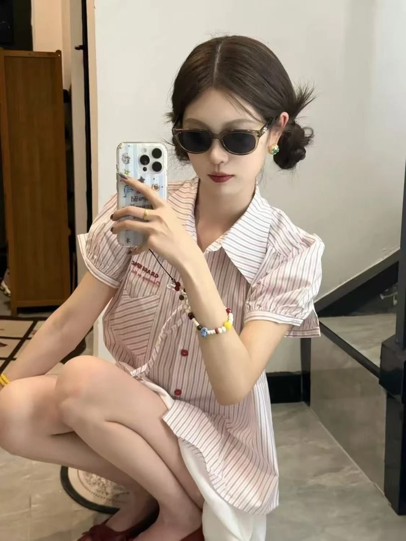 泡泡袖格纹甜美娃娃领夏季衬衫小衫lulu风