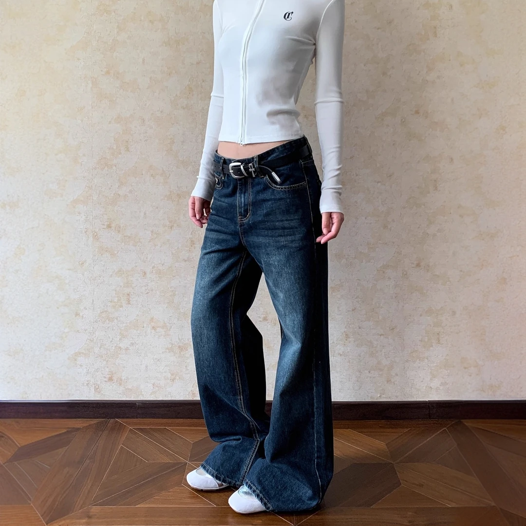大码美式复古猫须直筒微喇牛仔裤女辣妹宽松休闲垂感显瘦拖地长裤