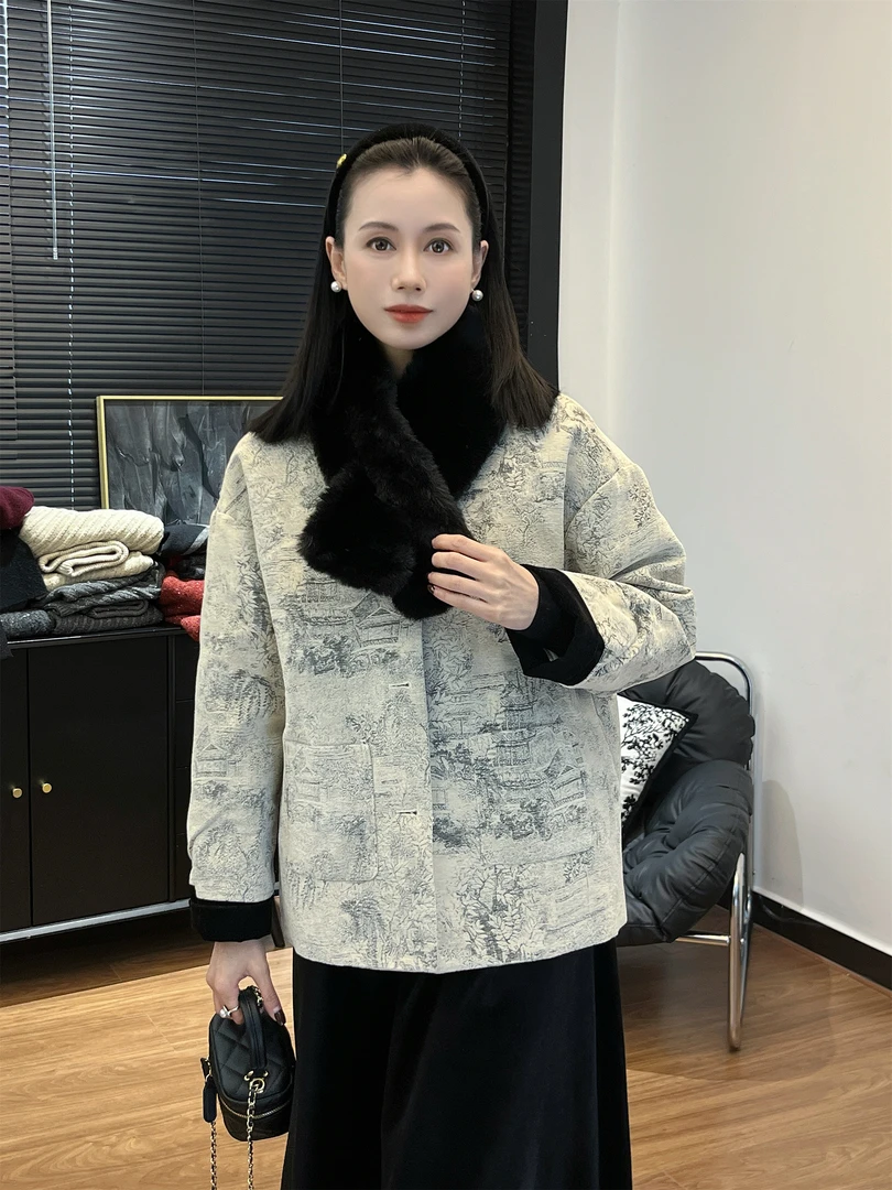 【Si&华严选】重工提花刺绣撞色袖口新中式国风羽绒服毛领外套C3861