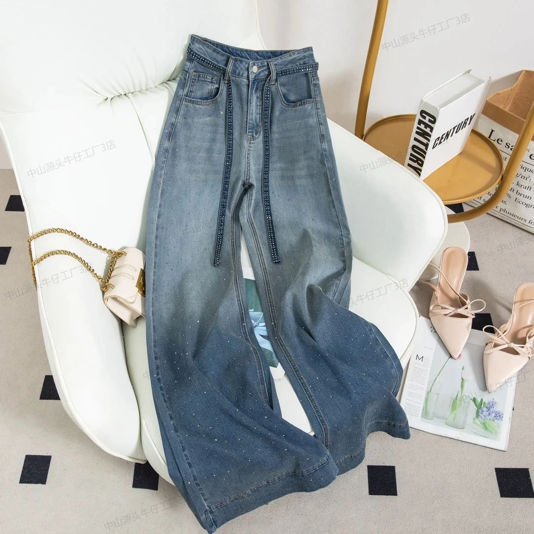 【现货+运险】感满天星烫钻渐变时尚阔腿夏季薄款宽松牛仔裤