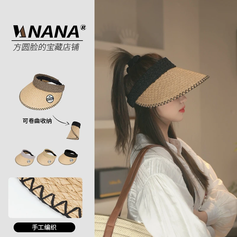 原创设计2025新款海边度假草编发箍空顶帽沙滩遮阳帽百搭夏天编织