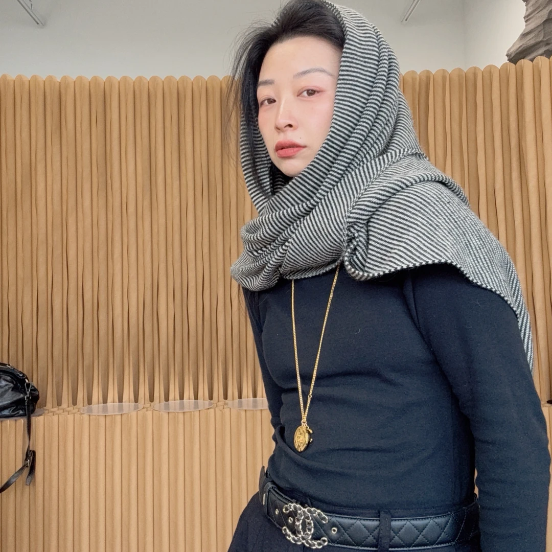 （云知道）韩版极简风细条纹披肩时尚复古三角巾围巾