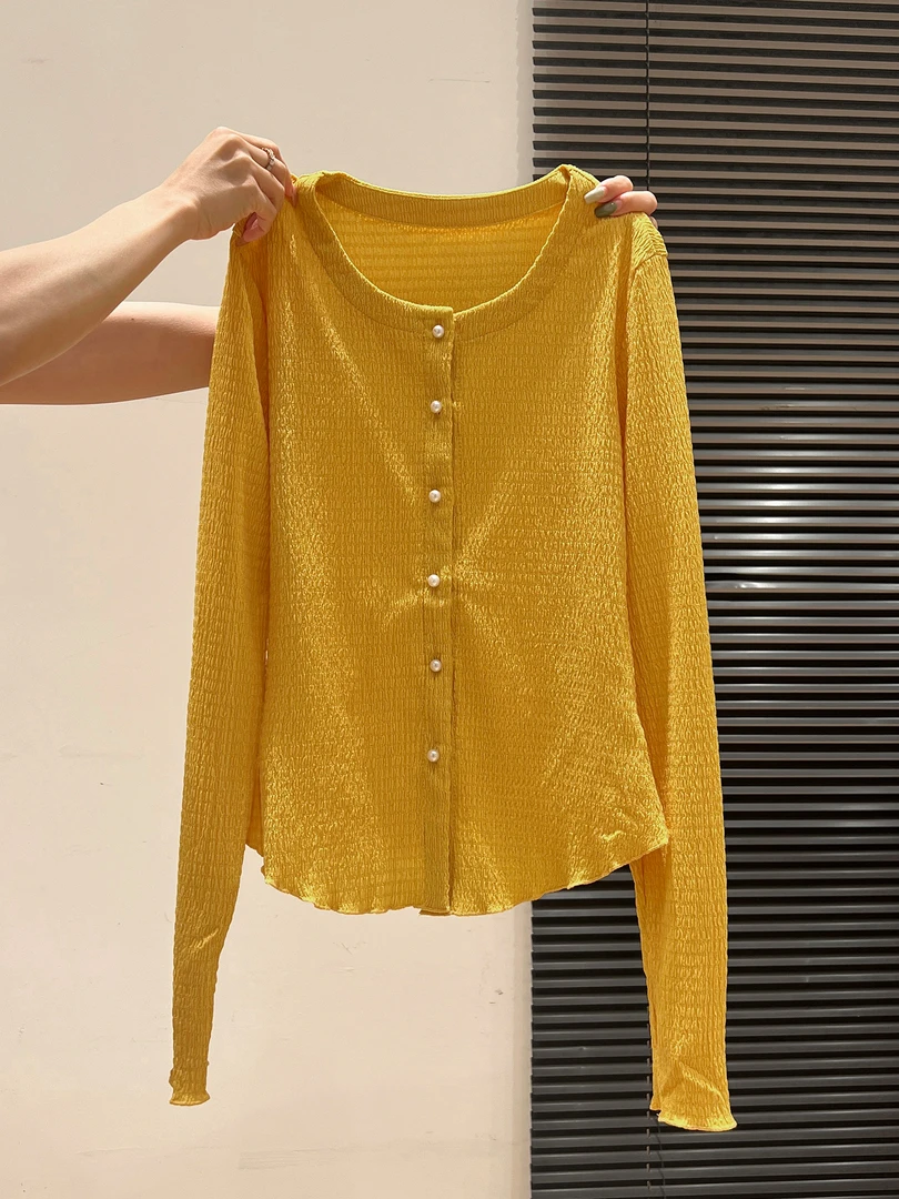 黄色木耳边珍珠纽扣针织开衫女2025夏季新款修身显瘦薄款气质上衣