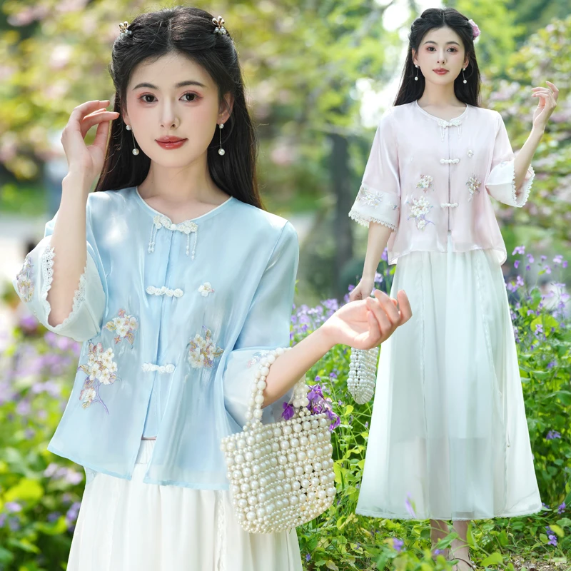 新中式国风女装旗袍刺绣文艺茶服套装半袖上衣女款改良半身裙子