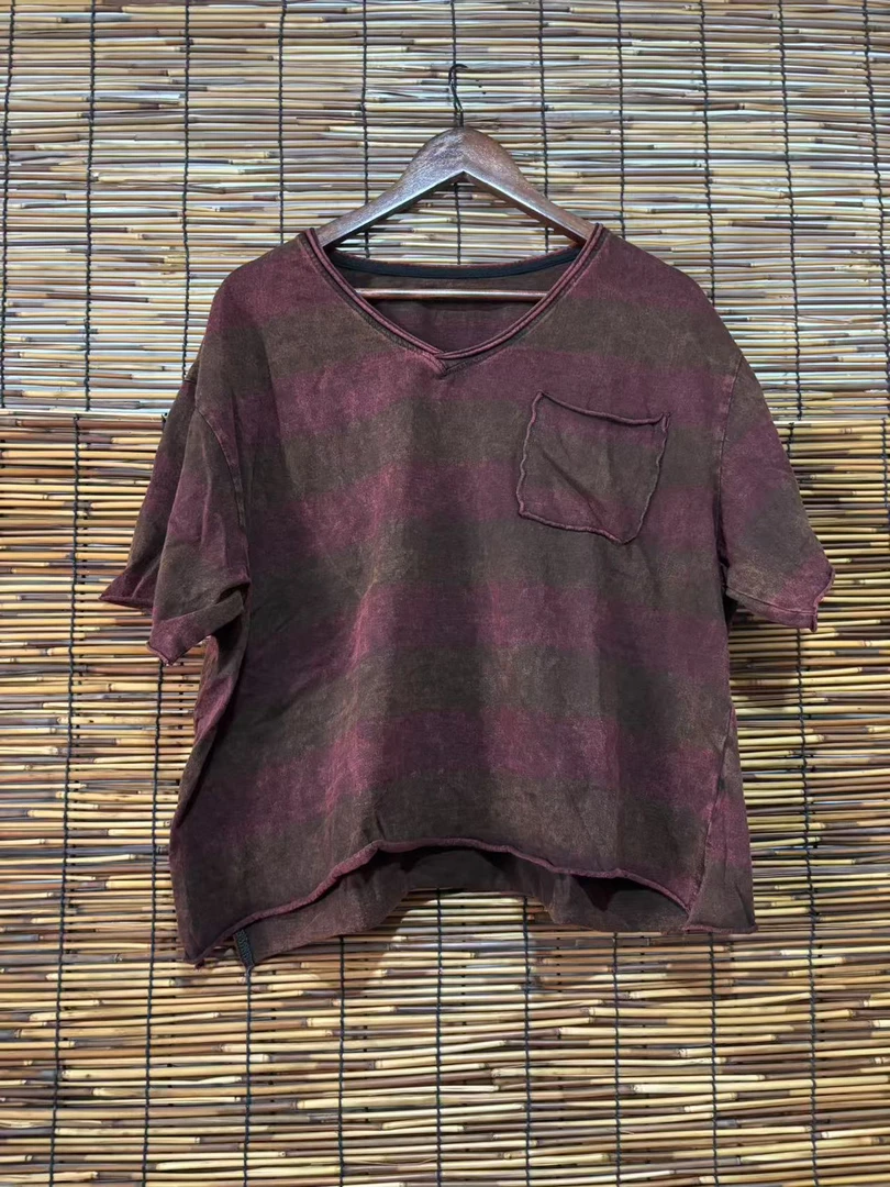 夏季新品炒色做旧百搭个性条纹T恤